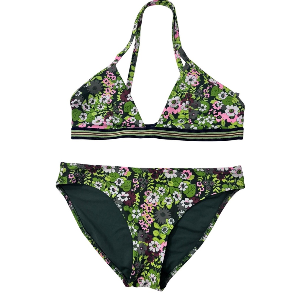 Aerie Floral Bikini Set Green Pink Halter Triangle Top Large Bottoms Medium